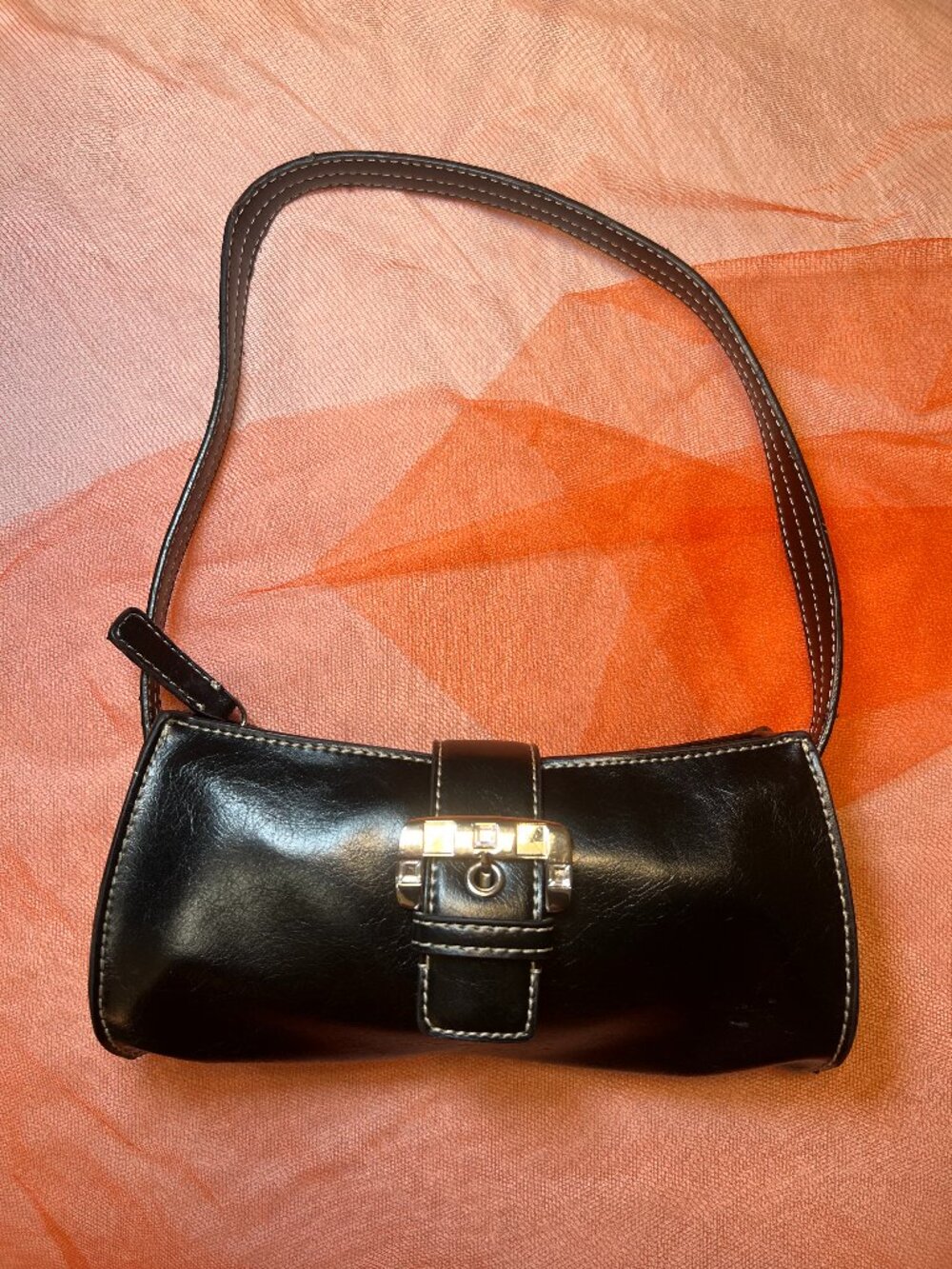 Vintage Nine West Y2K Black Leather Buckle Baguette Shoulder Bag